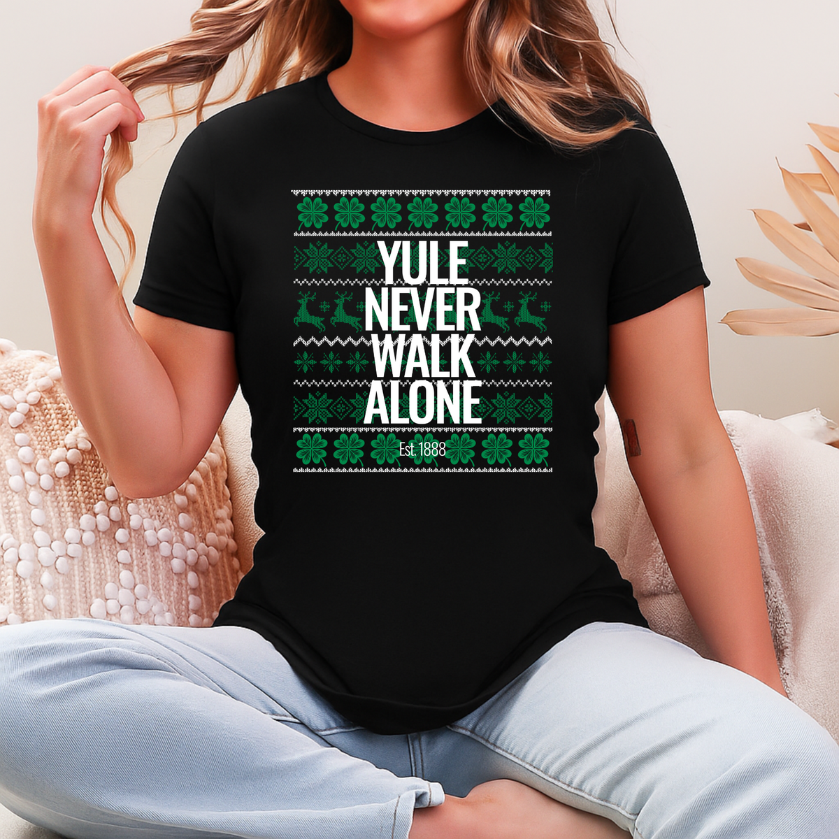 YULE NEVER WALK ALONE female black T-shirt mockup