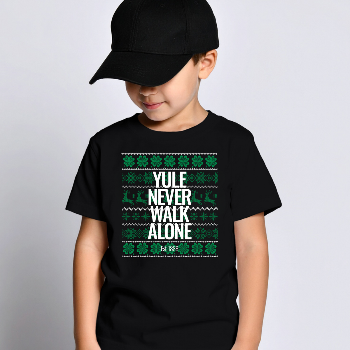 YULE NEVER WALK ALONE kids black T-shirt mockup